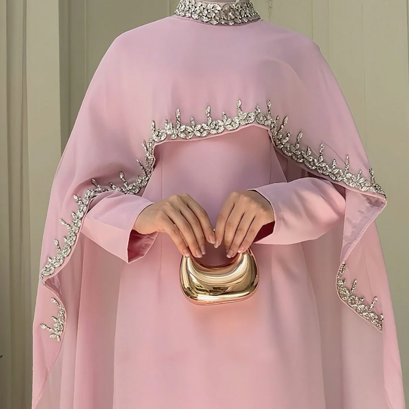 Luxury Rhinestone Embellished Cape Shawl Evening Dress