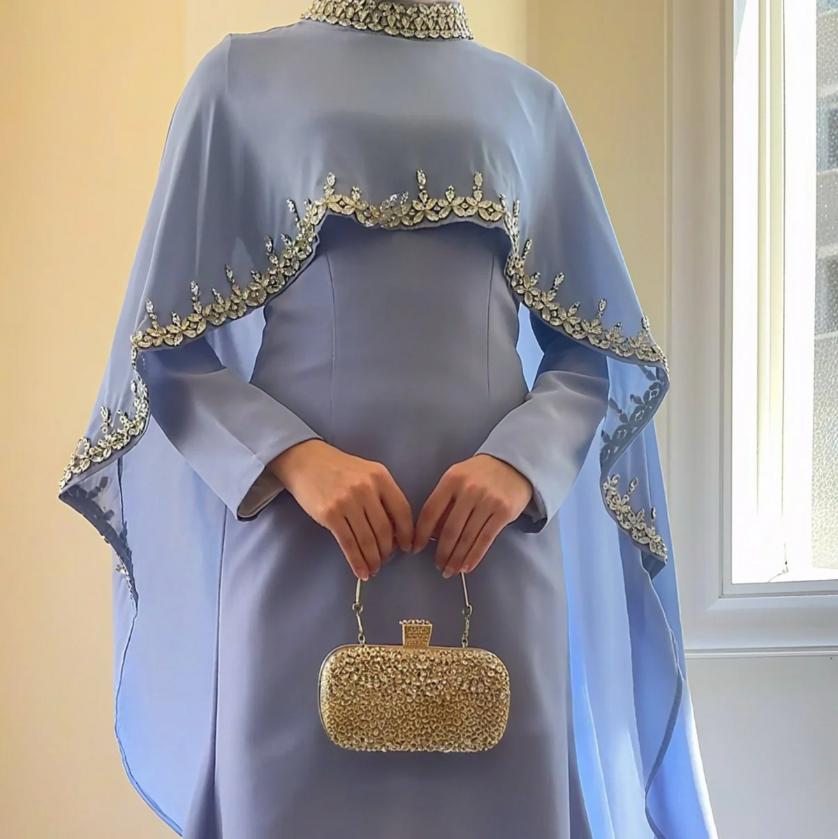 Luxury Rhinestone Embellished Cape Shawl Evening Dress