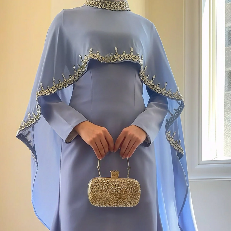 Luxury Rhinestone Embellished Cape Shawl Evening Dress