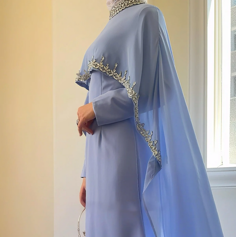 Luxury Rhinestone Embellished Cape Shawl Evening Dress