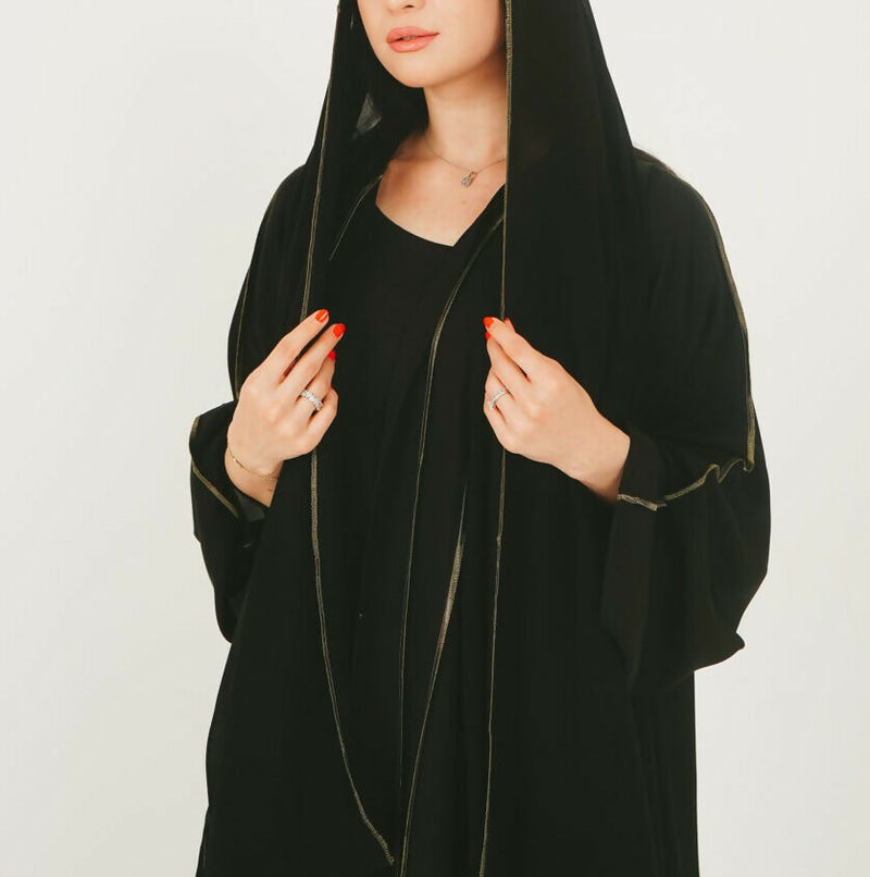 Black Open Abaya with Layered Design + Free Matching Hijab (Saudi-Style)