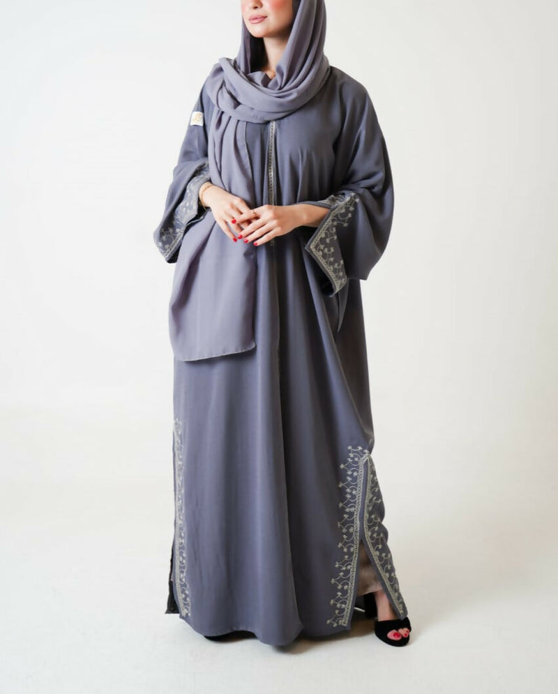 Grey Open Abaya with Embroidery Design + Free Matching Hijab (Saudi-Style)