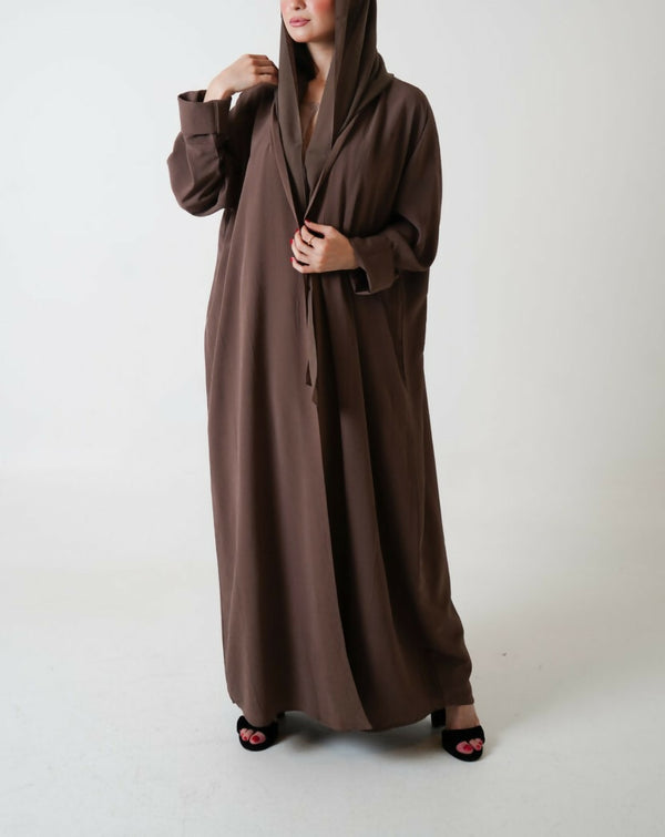 Brown Open Abaya with Crepe Cloth + Free Matching Hijab (Saudi-Style)