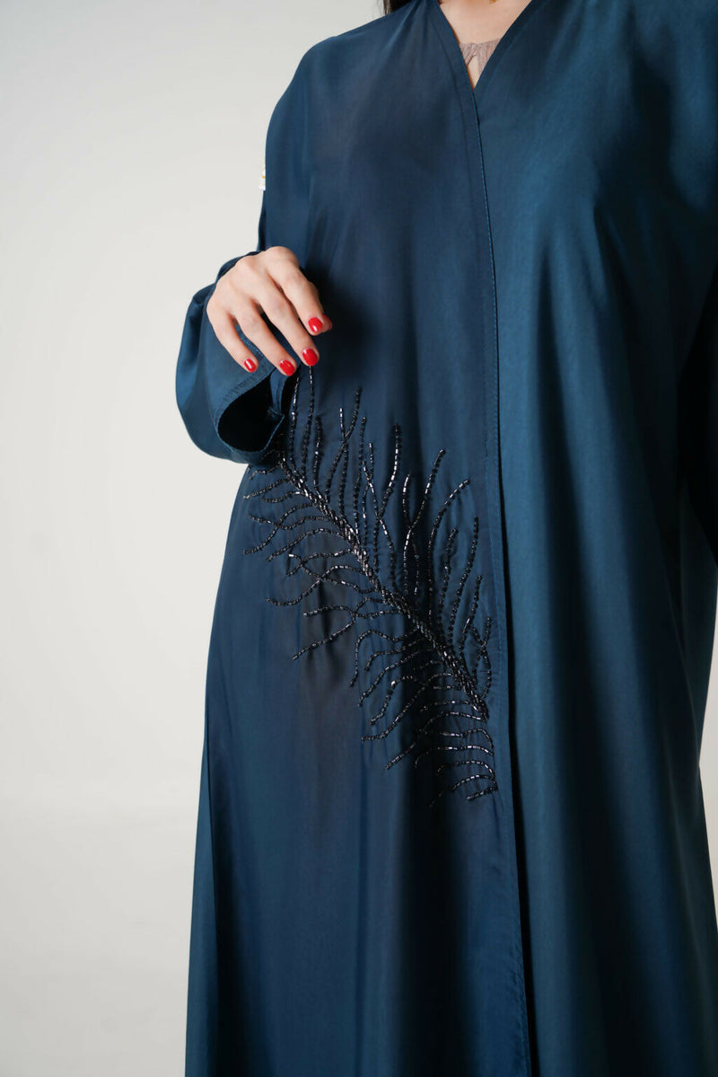 Teal Open Abaya with Embroidery Design + Free Matching Hijab (Saudi-Style)
