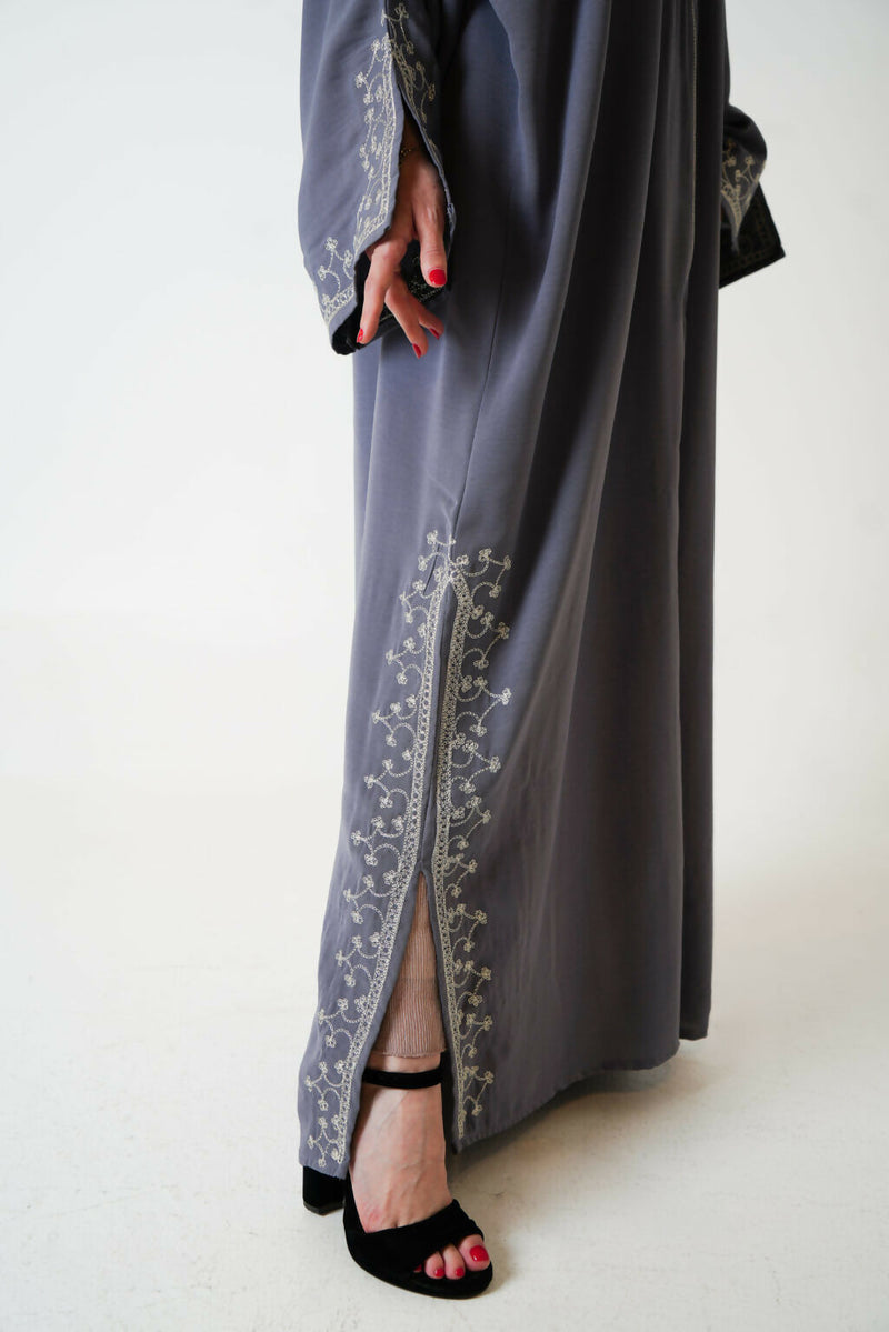 Grey Open Abaya with Embroidery Design + Free Matching Hijab (Saudi-Style)