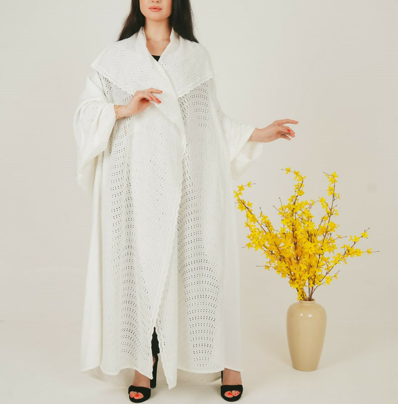 White Open Abaya with Self-Design + Free Matching Hijab (Saudi-Style)