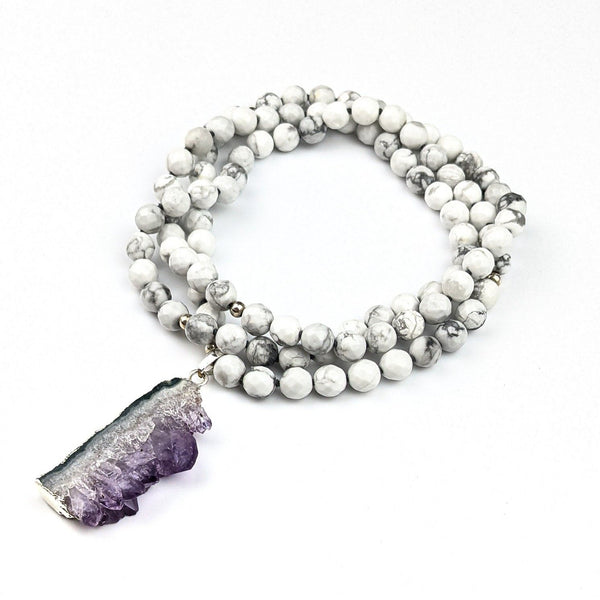 Tasbih calme pur | Collier avec perles de pierre gemme Howlite et pendentif améthyste plaqué argent