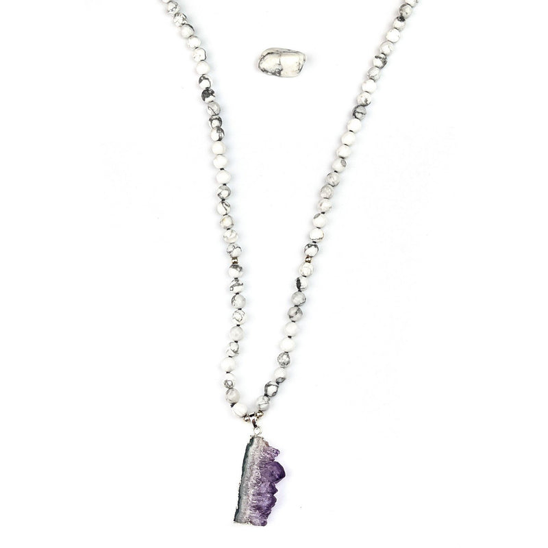 Pure Calm Tasbih | Necklace with Howlite Gemstone Beads and Silver Plated Amethyst Pendant