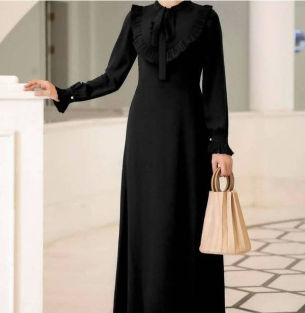 Black Noor Dress ribbon collar long-sleeve maxi