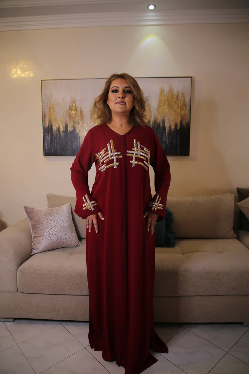 Woman silk Red Kaftan with Crystals gold silver