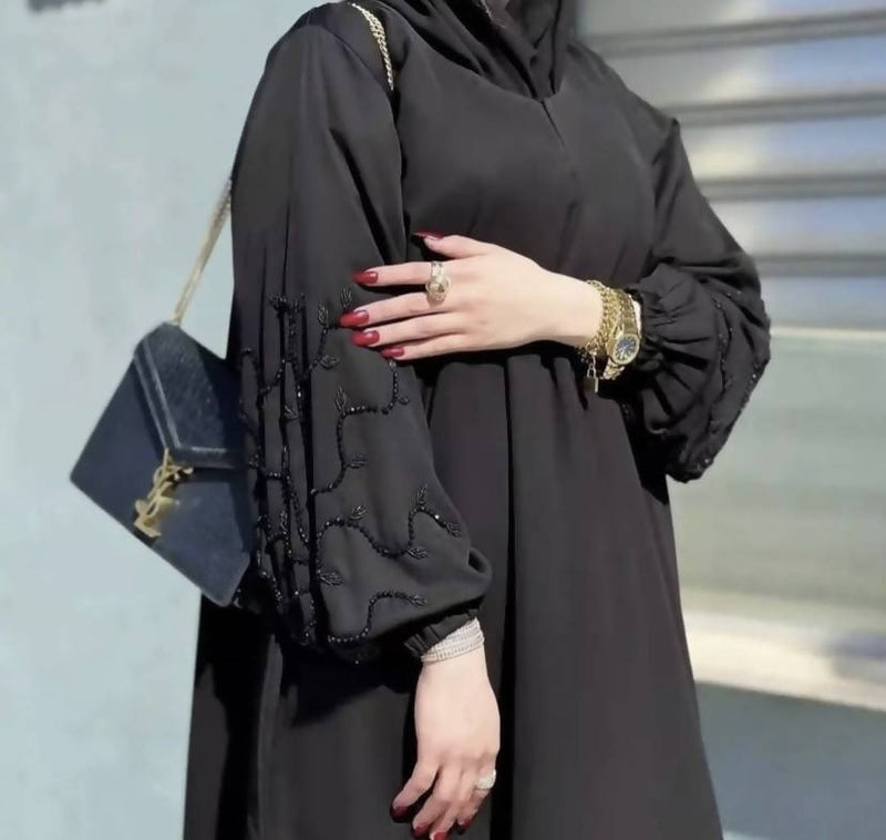 Dubai style abaya with handworked balloon sleeves handcrafted in imported nidha.