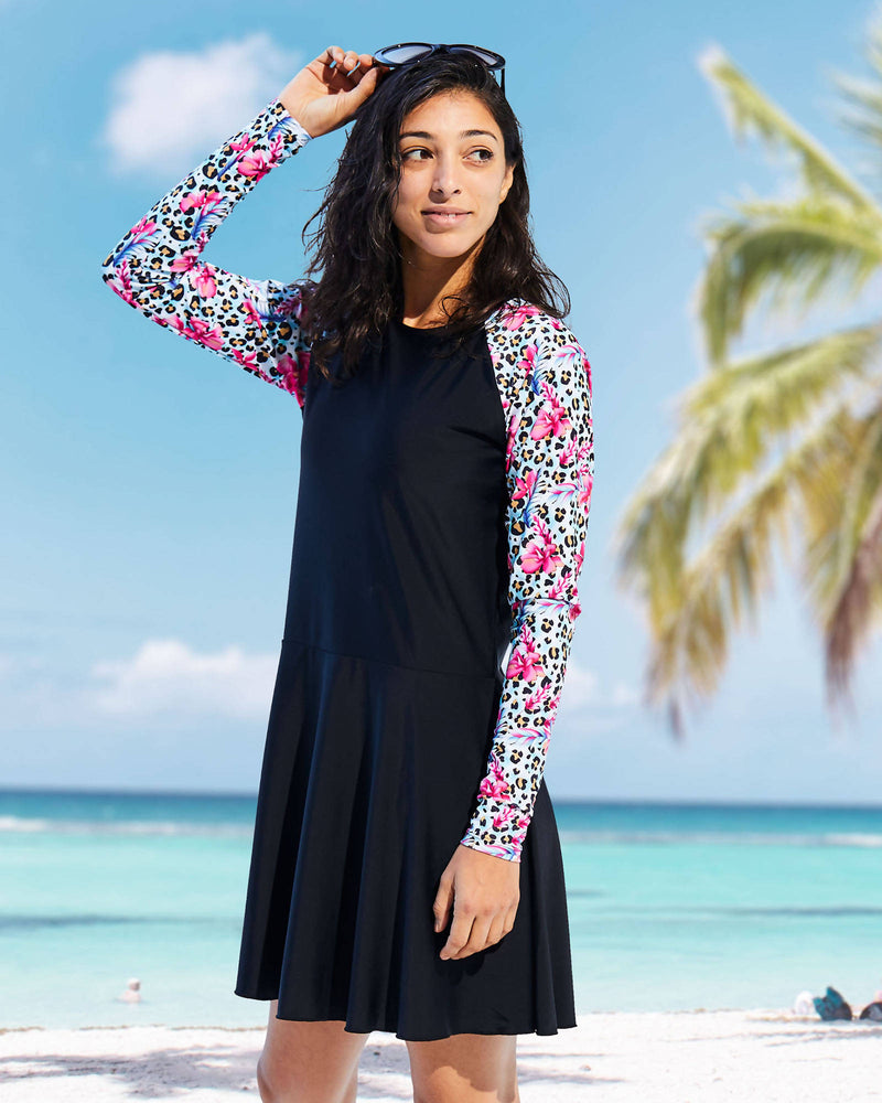 Women's black bodice patterned sleeves swim dress beachwear