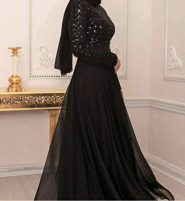 Aisha Gown black chiffon sequin high-waist skirt