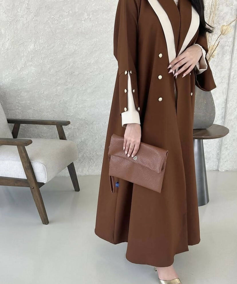 Anfaal Creme & Brown Abaya Coat 2 PC set