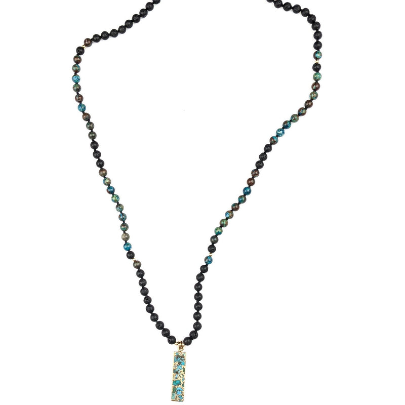 Sérénité Tasbih | Collier Femme avec 99 Perles de Pierres Précieuses de Lave et Turquoise avec Pendentif Turquoise Plaqué Or 