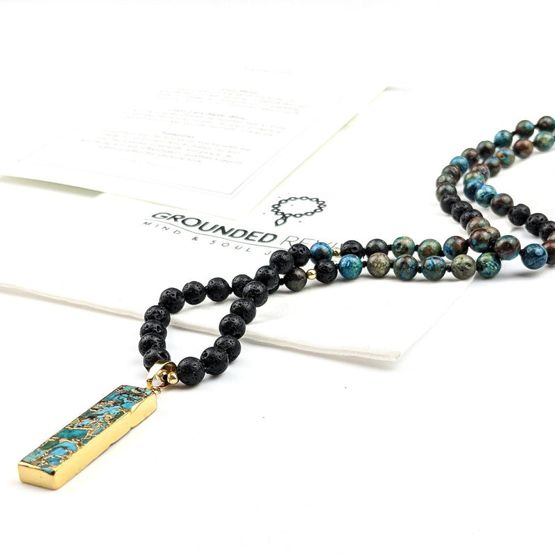 Sérénité Tasbih | Collier Femme avec 99 Perles de Pierres Précieuses de Lave et Turquoise avec Pendentif Turquoise Plaqué Or 