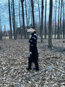 Woman wears Black and Grey Double Sided Scarf