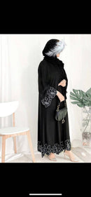 Imported abaya with diamond handwork on front sleeves and bottom, including same color hijab.