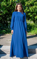 Blue Pleated Sleeve Maxi Dress soft comfortable