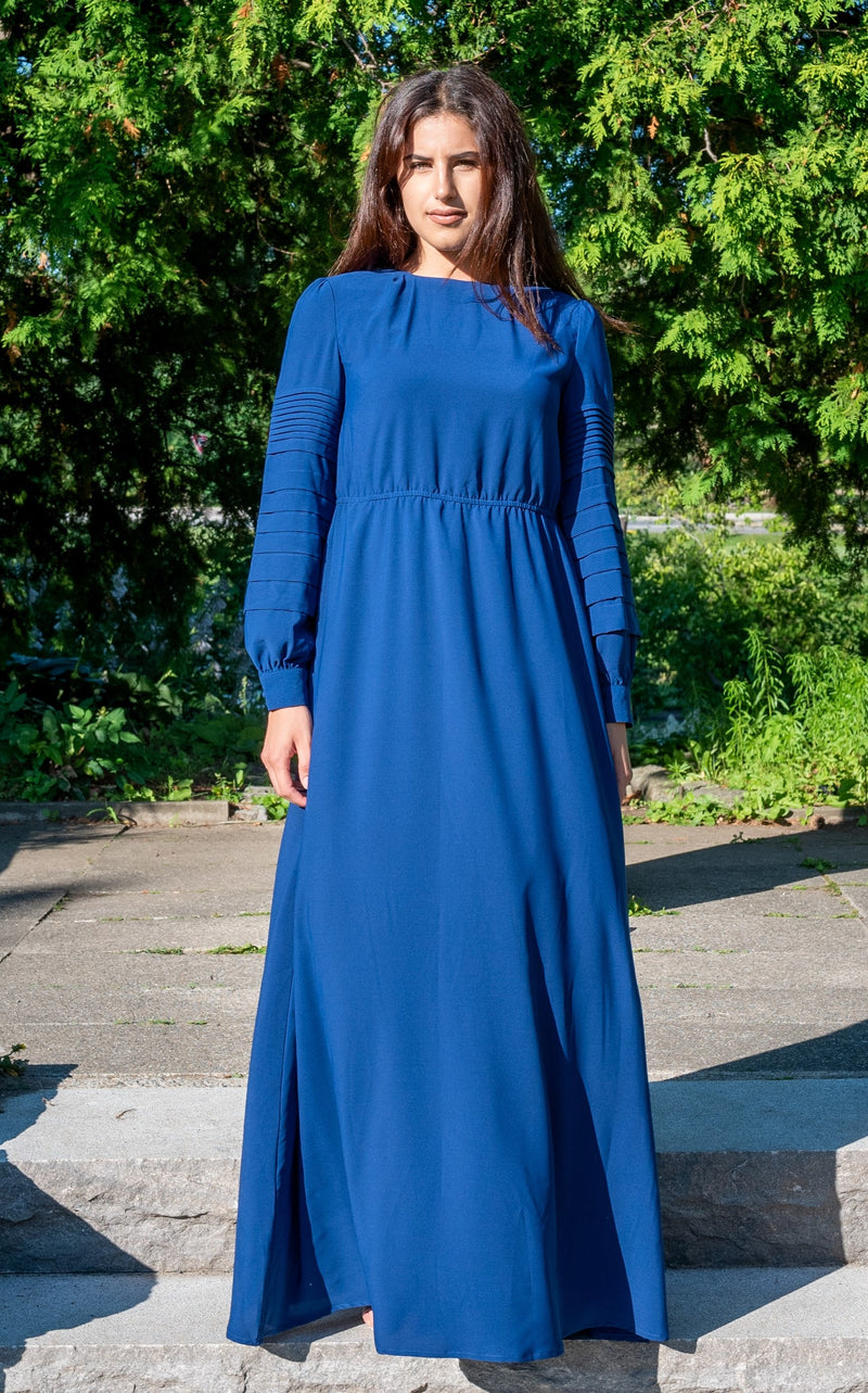 Blue Pleated Sleeve Maxi Dress soft comfortable