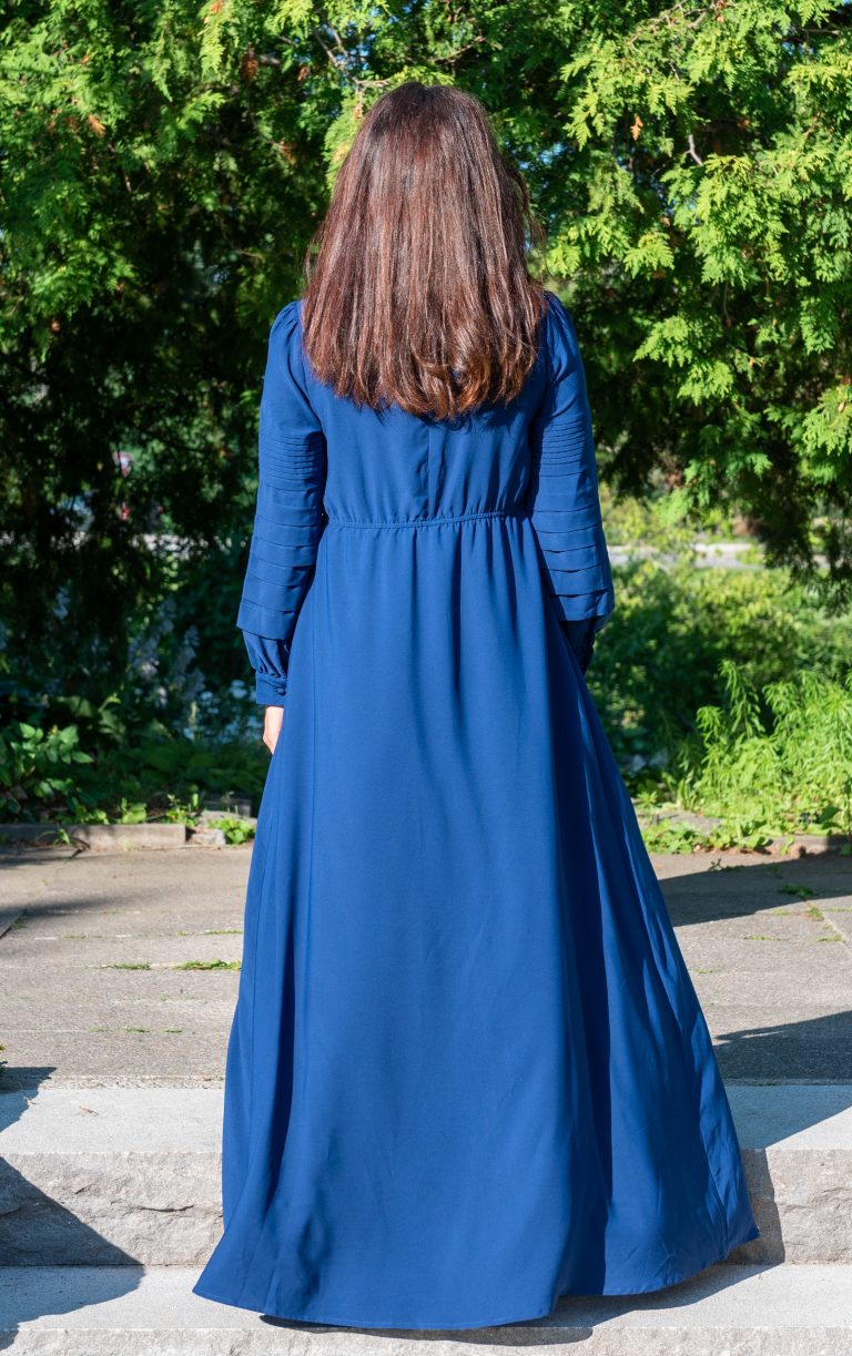 blue Pleated Sleeve Maxi Dress back high-waist