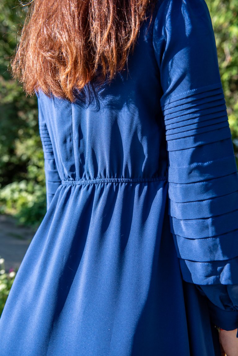 Pleated Sleeve Maxi Dress blue high-waist