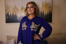 Woman wears Blue Kaftan with Crystals silver gold handmade
