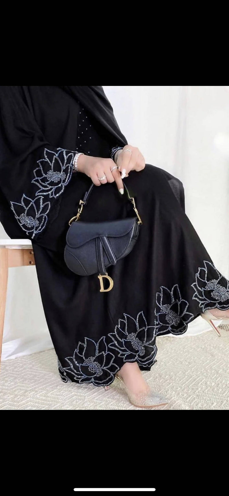 Imported abaya with diamond handwork on front sleeves and bottom, including same color hijab.