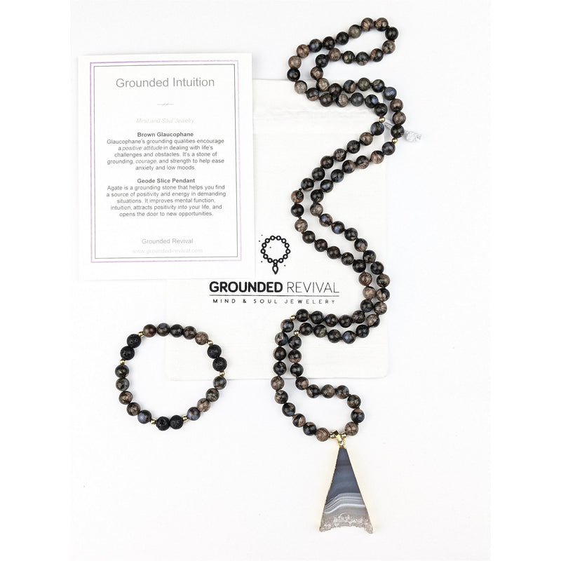Grounded Intuition Tasbih | Women's Necklace with 99 Brown Glaucophane Gemstone Beads and Agate Geode Pendant