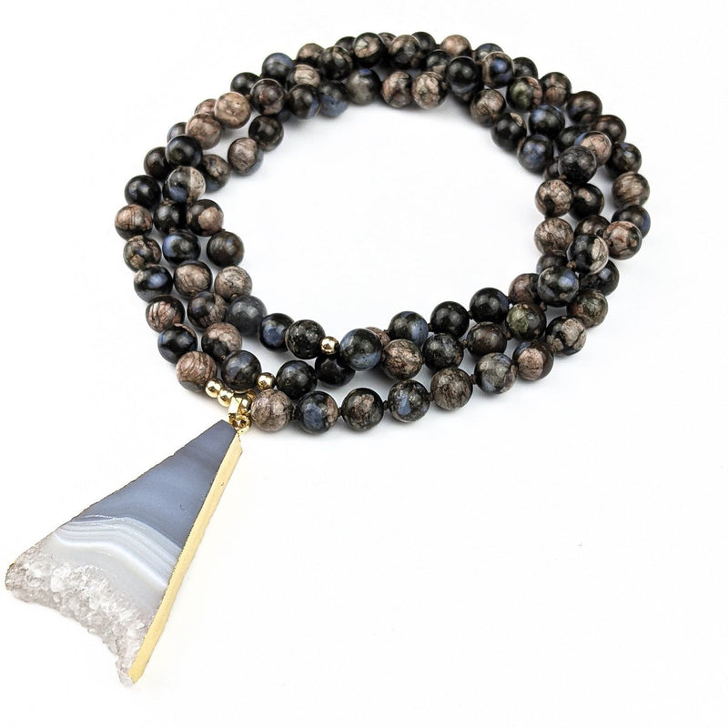 Grounded Intuition Tasbih | Women's Necklace with 99 Brown Glaucophane Gemstone Beads and Agate Geode Pendant