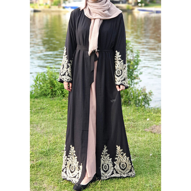 Embroidered Gold Lace Open Abaya