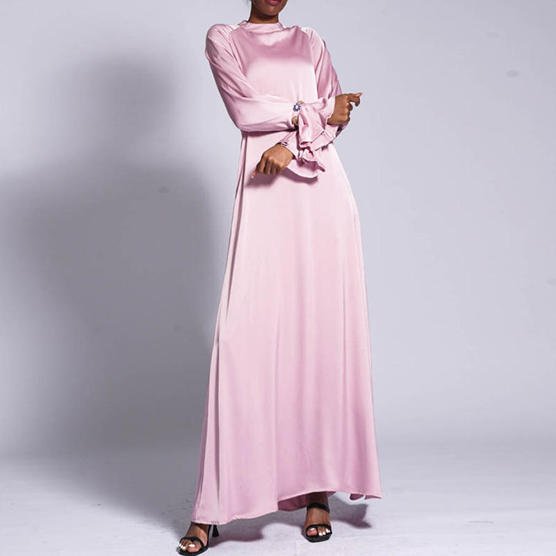 pink satin maxi dress long sleeve Dusty Pink Silk Satin Maxi Dress with Long Bishop Sleeves