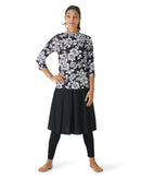 Women's black swim-skirt and leggings with 3/4 sleevetop