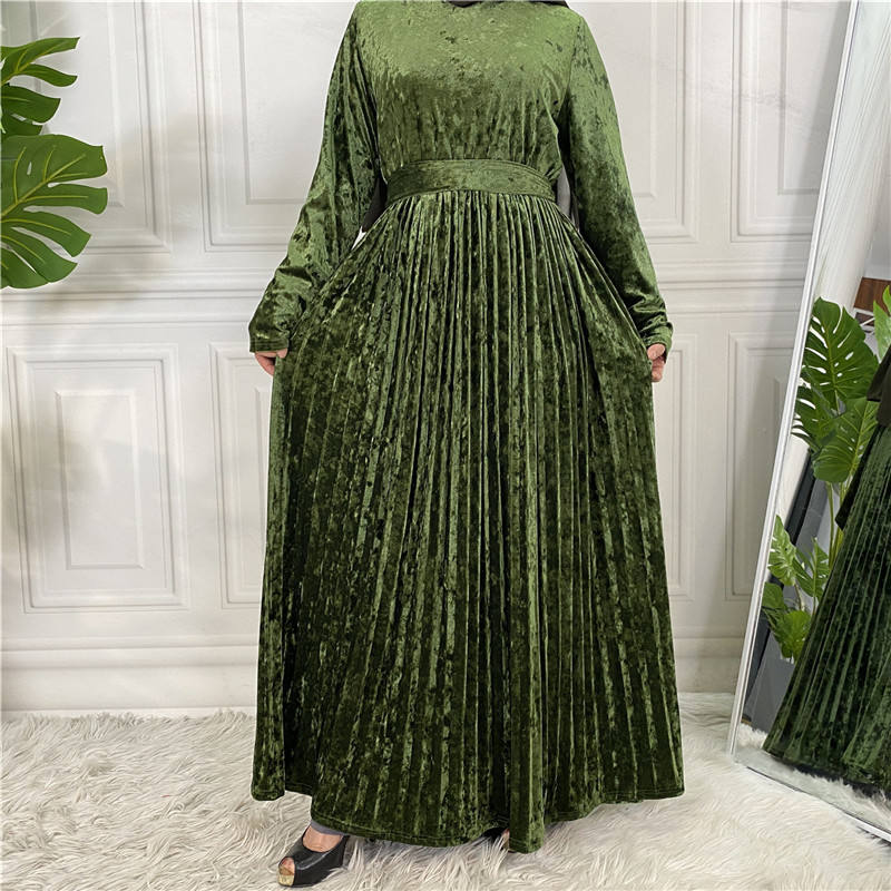 pleated velour dress Brown WANXO French Red pleated velvet dress New gold-like waist bottoming skirt- Winny L / Red