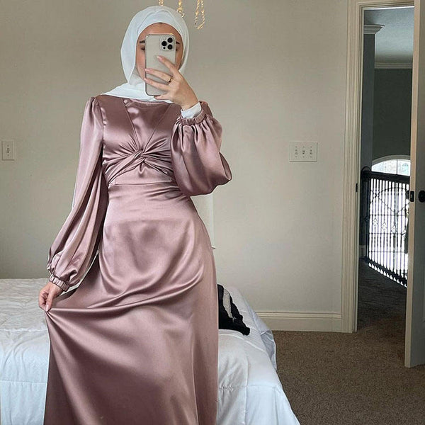 Shiny Satin Knot Tie Maxi Dress