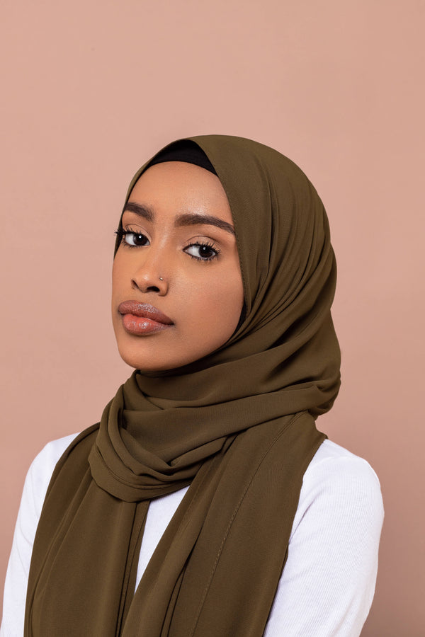 Premium Medina Silk Hijab Yonge Olive Green opaque