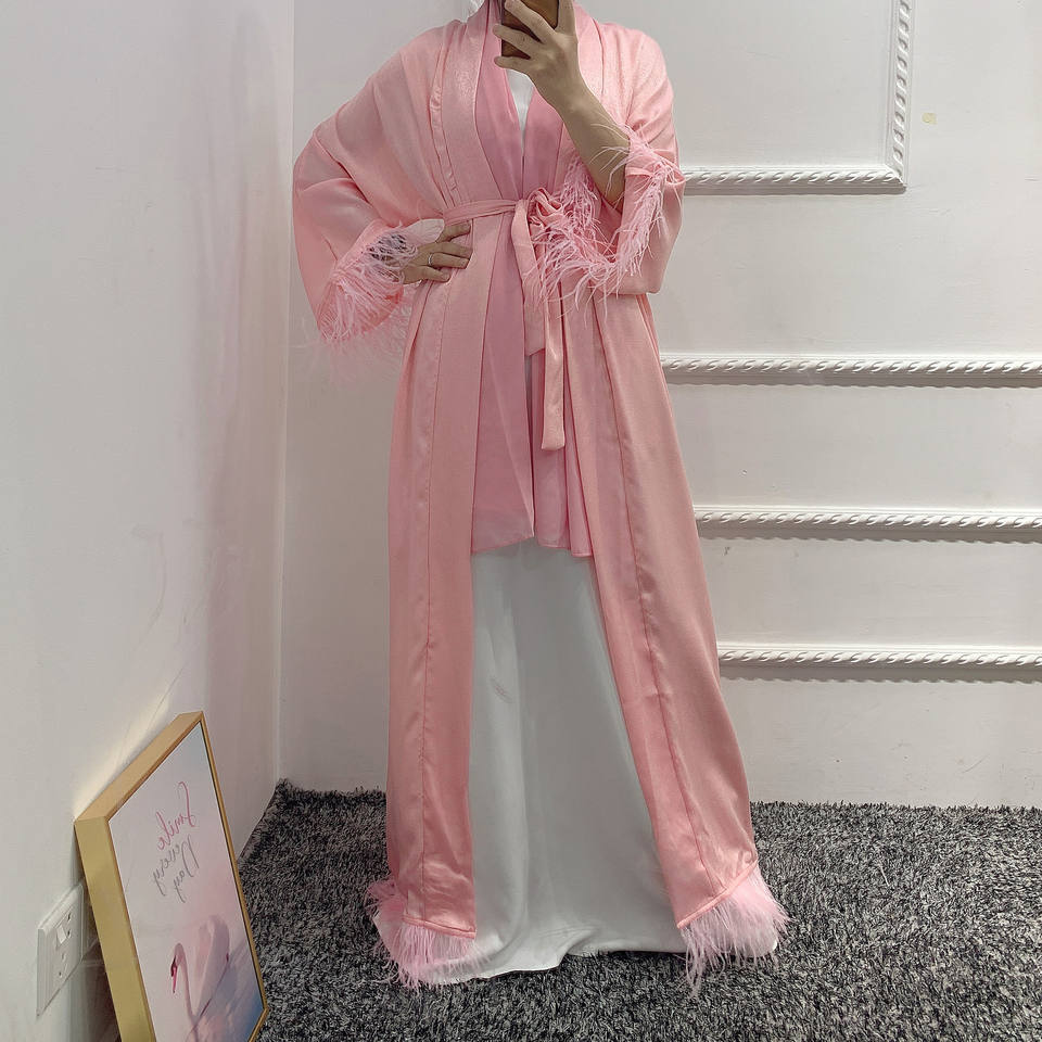 Feather Hem Satin Open Abaya Feather Hem Satin Open Abaya