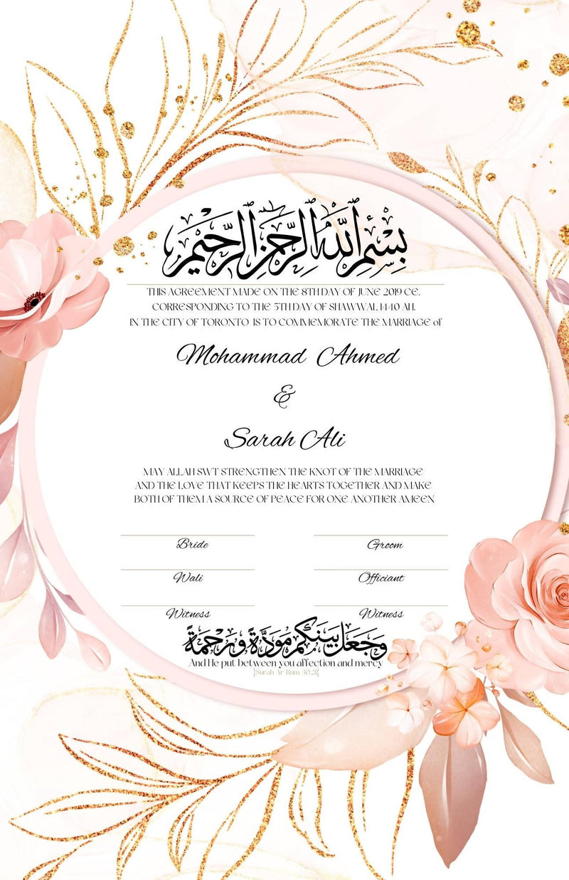 The Floral Wreath Contract is a custom bespoke nikkah or anniversary contract