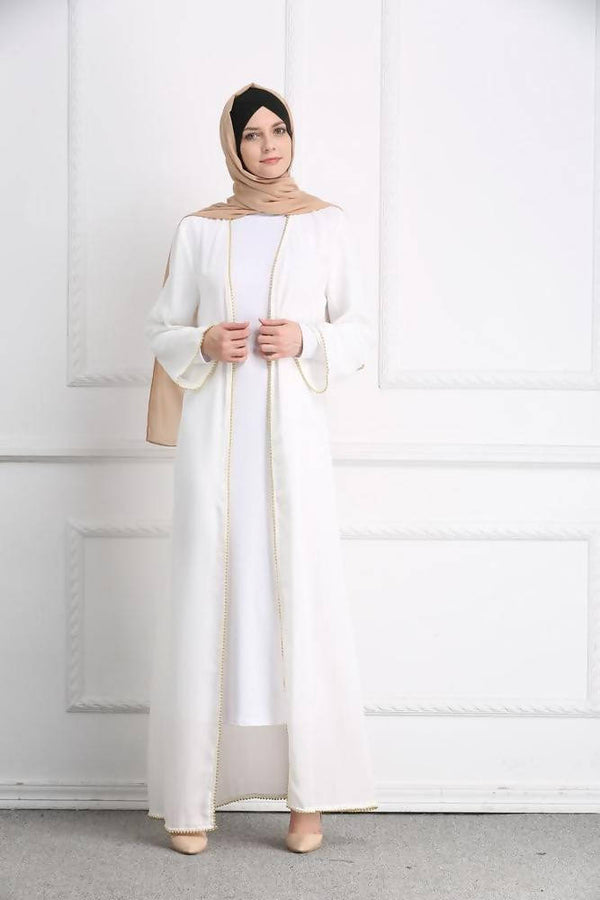 White Gold Pearled Open Abaya loose sleeves