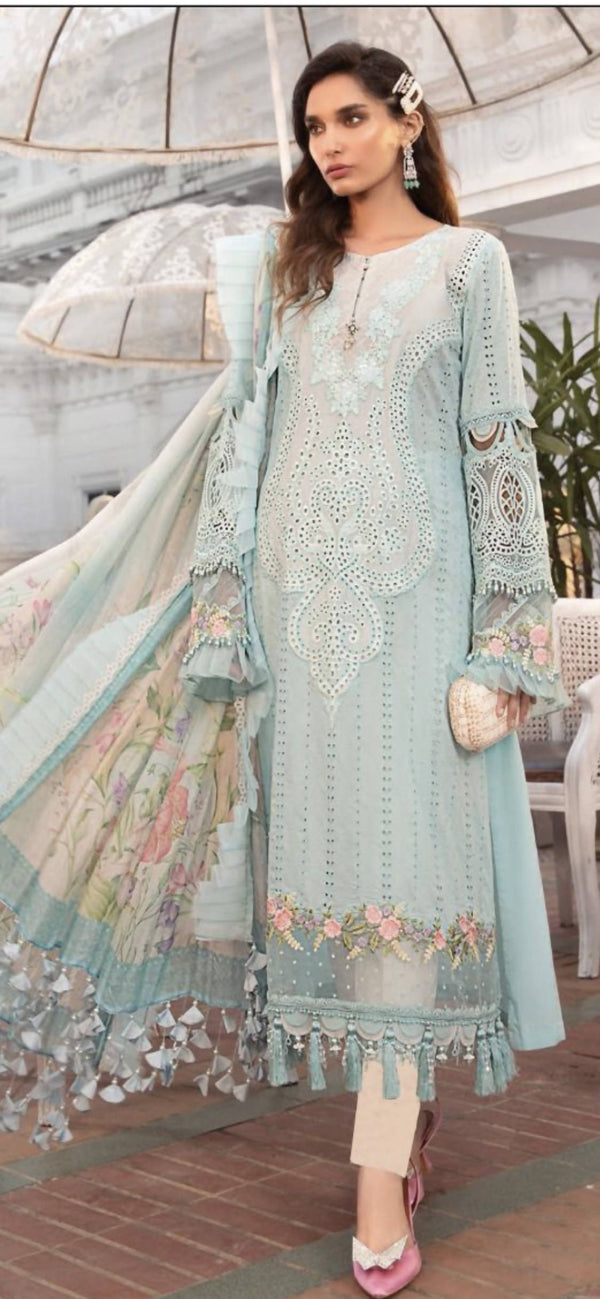 Fully embroidered cambric cotton suit with pearls, sequins, dorri work and a neckline with a crystal border.