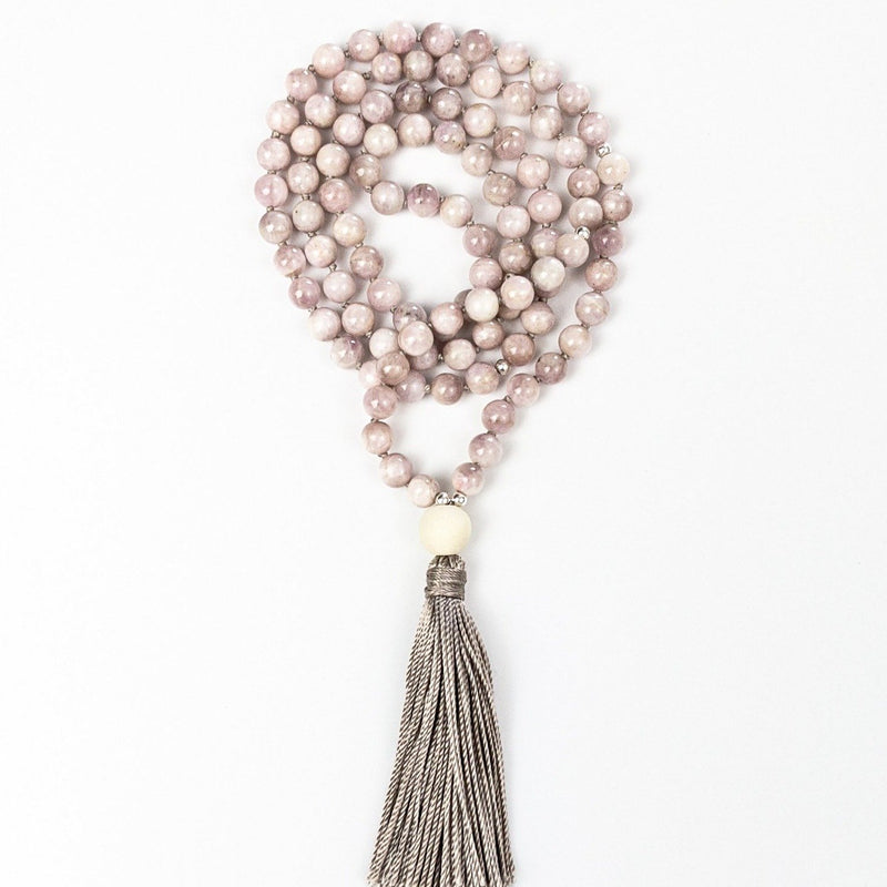 Compassion Tassel Tasbih | Necklace with Kunzite Gemstone Beads and Handmade Silk Tassel