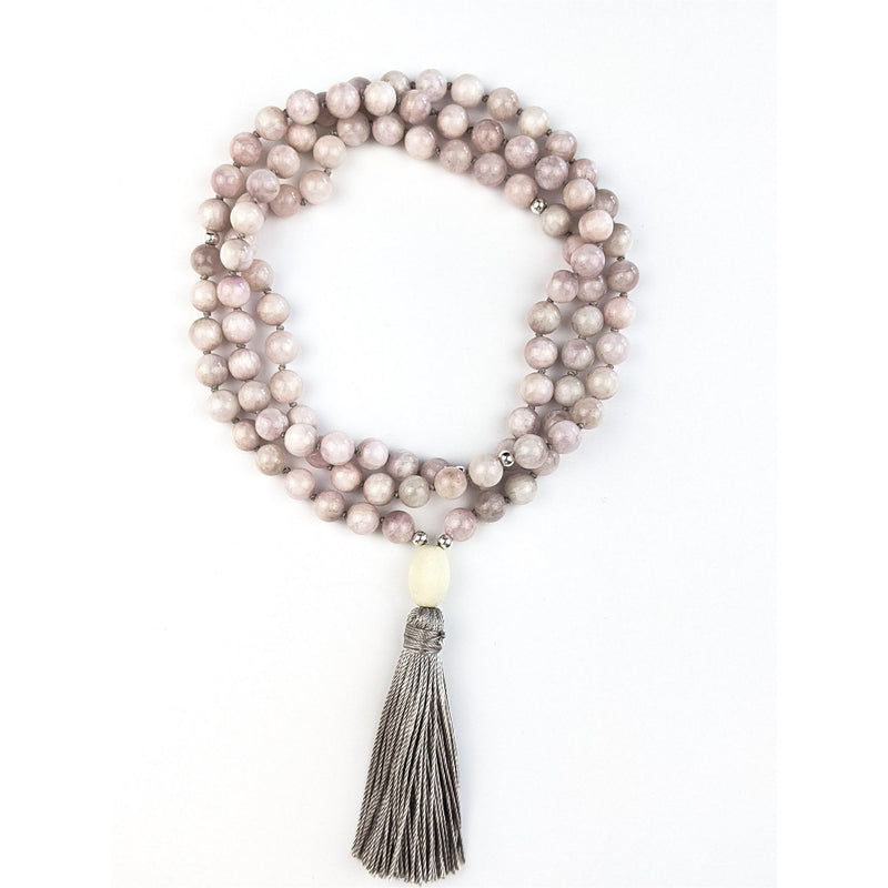 Gland de compassion Tasbih | Collier avec perles de pierres précieuses Kunzite et pompon en soie fait à la main 