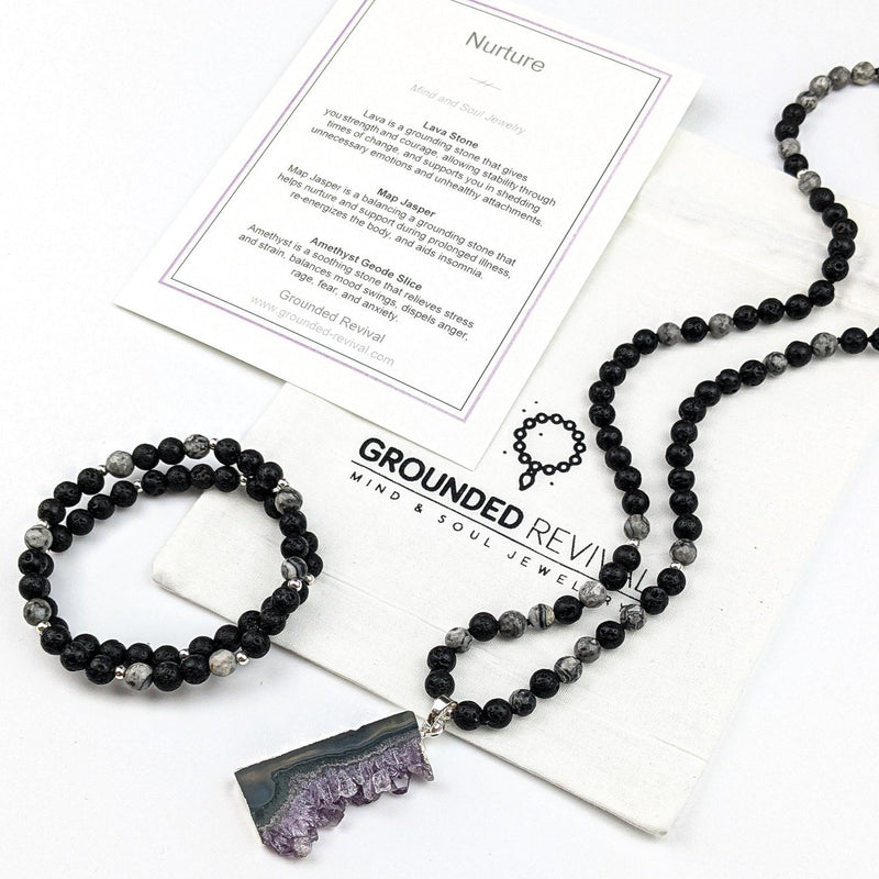 Nurture Tasbih | Women's Necklace with 99 Lava and Map Jasper Gemstone Beads and Amethyst Pendant