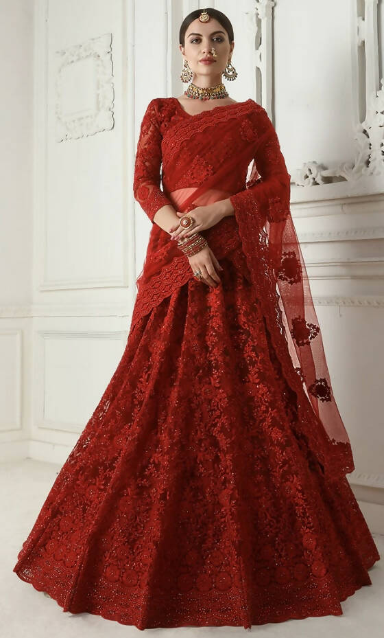 Deep Red Heavy Embroidered Bridal Lehenga with thread and cording embroiderya