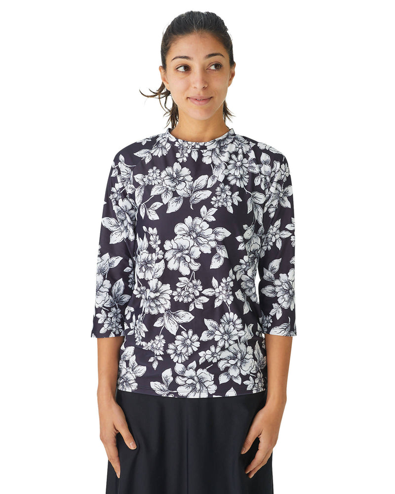 women's floral patterned 3-quarter sleeve swim top