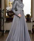 Sumaiya Gown silver maxi sequin chiffon tie-belt