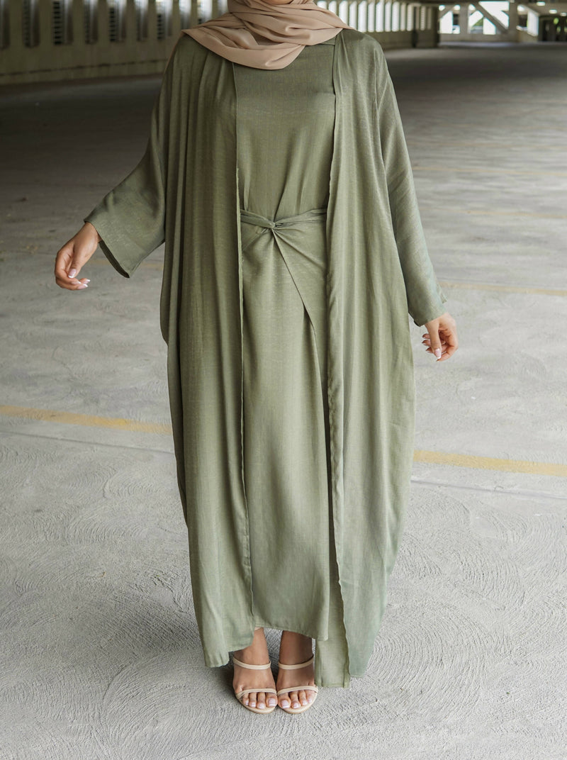 Olive 3 Piece Linen Abaya Olive 3 Piece Linen Abaya
