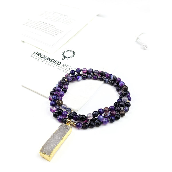 Intuition positive Tasbih | Collier avec perles en pierre gemme d'agate violette et pendentif en agate plaquée or