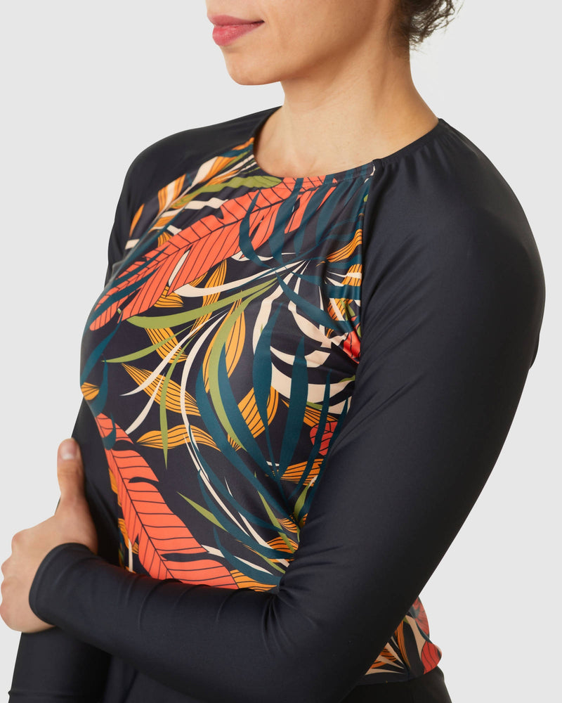 Aztec Swim Dress SPF50+ black sleeves patterned bodice