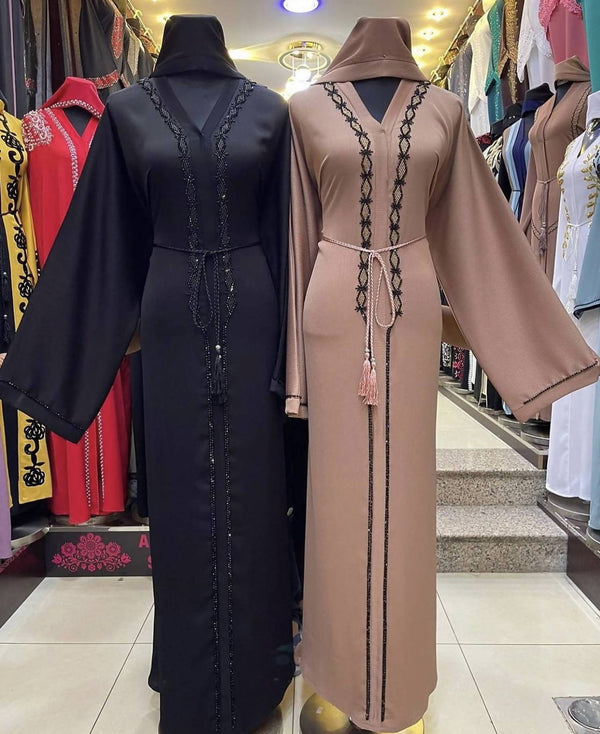 Look beautiful in this robe style abaya with hand embroidery!